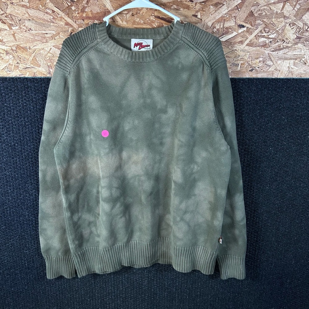 Nick Danger Sportswear Mens Large Olive Green Acid Wash Cotton Knit Sweater L
